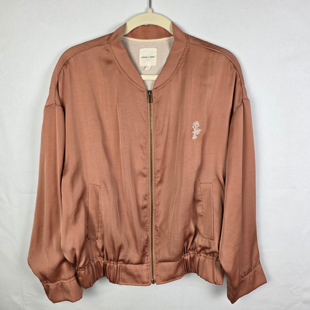 Silence + Noise Rose Gold Satin Bomber Jacket Embroidered Flower Women's Large